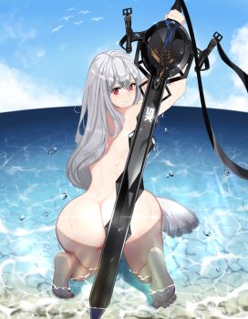 1girl absurdres arknights arms_up ass back bad_id bad_pixiv_id barefoot beach bird blue_sky chinese_commentary closed_mouth cloud cloudy_sky commentary completely_nude convenient_censoring day english_commentary eyelashes full_body glint hair_between_eyes highres holding holding_sword holding_weapon kneeling l.v.c. long_hair looking_at_viewer looking_back mixed-language_commentary nude ocean outdoors red_eyes silver_hair skadi_(arknights) sky smile soles solo sword very_long_hair wading water_drop weapon wet wet_hair rating:Questionable score:20 user:danbooru