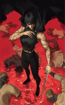  1girl burn_scar diokio high-waist_pants highres holding holding_sword holding_weapon jujutsu_kaisen multiple_scars muscular muscular_female pants scar scar_on_arm scars_all_over solo sword too_many weapon zen'in_maki 