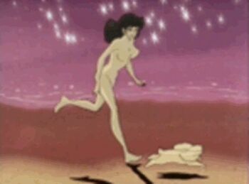  1girl ahoge animated animated_gif anime_screenshot armpit_crease armpits arms_at_sides barefoot beach bouncing_breasts breasts brown_eyes brown_hair collarbone completely_nude curvy dog exhibitionism fanservice feet female_focus full_body groin happy large_breasts legs long_hair lupin_iii matching_hair/eyes mine_fujiko neck nipples nude nudist ocean official_art outdoors public_indecency running sparkle streaking thighs toes 