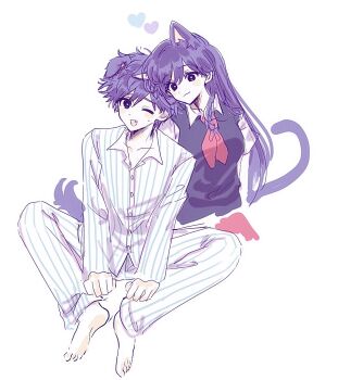  1boy 1girl :3 animal_ears barefoot blue_pajamas blue_pants blush bright_pupils cat_ears cat_girl cat_tail closed_mouth collared_pajamas collared_shirt colored_skin commentary_request dog_boy dog_ears dog_tail double-parted_bangs fang hair_between_eyes heart hero_(headspace)_(omori) hero_(omori) highres kemonomimi_mode long_hair long_sleeves mari_(headspace)_(omori) mari_(omori) neckerchief omori one_eye_closed open_mouth pajamas pants purple_eyes purple_hair purple_sweater_vest red_neckerchief salt_xs2 shirt short_hair short_sleeves simple_background sketch smile striped_clothes striped_pajamas striped_pants sweatdrop sweater_vest tail two-tone_pajamas two-tone_pants vertical-striped_clothes vertical-striped_pajamas vertical-striped_pants white_background white_pajamas white_pants white_pupils white_shirt white_skin 
