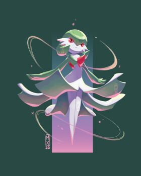 1other bob_cut colored_skin dress gardevoir gen_3_pokemon green_background green_hair green_skin highres mr.anderson.x multicolored_skin nintendo pokemon pokemon_(creature) red_eyes signature two-tone_skin white_dress white_skin 