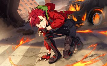 1boy belt black_gloves black_pants fingerless_gloves fire gloves green_eyes helios_rising_heroes highres hood hood_down hooded_jacket injury jacket male_focus official_art on_one_knee one_eye_closed open_clothes open_jacket otori_akira pants red_hair red_jacket solo teeth torn_clothes 