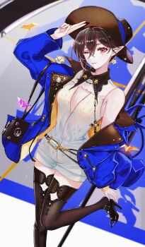  ;) absurdres arknights arm_up bangle bare_shoulders black_shoes black_thighhighs blue_jacket bracelet breasts brown_hair brown_hat buttons camera chinese_commentary cleavage commentary creature cross earrings entelechia_(arknights) entelechia_(dazzling_blue)_(arknights) glint grey_shirt grey_shorts hair_between_eyes hat high_heels highres jacket jewelry latin_cross light_particles long_sleeves minuolin mole mole_under_eye off_shoulder official_alternate_costume one_eye_closed pointy_ears red_eyes salute shirt shoes short_hair short_shorts shorts sleeveless sleeveless_shirt small_breasts smile standing standing_on_one_leg star-shaped_pupils star_(symbol) symbol-shaped_pupils thighhighs 