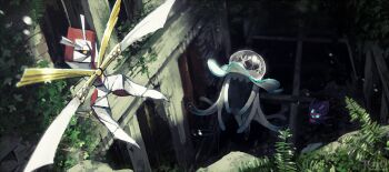  3others amamidori aqua_eyes blade_arm blurry blurry_background colored_skin commentary day english_commentary fern floating gen_7_pokemon glowing glowing_eyes grass kartana leaf multiple_others nihilego nintendo no_humans no_pupils origami outdoors plant poipole pokemon pokemon_(creature) purple_skin ruins tentacle_hair tentacles ultra_beast vines white_skin window yellow_eyes 