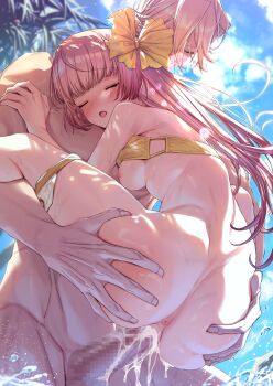  1boy 1girl alfred_(artist) anus ass atelier_(series) atelier_lydie_&amp;_suelle beach bikini bikini_top_lift bikini_top_only blue_sky blush breasts censored clothes_lift cloud cum day flower from_below groping hair_flower hair_ornament hair_ribbon hetero highres lifting_person long_hair mathias_ferrier_adalet medium_breasts mosaic_censoring nipples open_mouth outdoors palm_tree penis pink_hair puckered_anus pussy ribbon sex sky standing standing_sex suelle_malen suspended_congress swimsuit swimsuit_lift tree vaginal water yellow_bikini  rating:Explicit score:8 user:danbooru