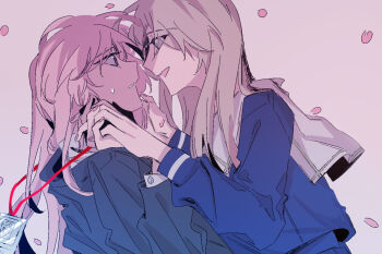  2girls bang_dream! bang_dream!_it's_mygo!!!!! blue_eyes blue_shirt brown_hair chihaya_anon commentary eye_contact falling_petals grey_eyes haneoka_school_uniform hashtag-only_commentary holding_hands interlocked_fingers jacket lanyard long_hair long_sleeves looking_at_another multiple_girls nagasaki_soyo open_mouth outdoors parted_lips petals pink_background pink_hair sailor_collar school_uniform shirt simple_background smile sweatdrop tsukinomori_school_uniform white_sailor_collar white_shirt yuri z_akane890 