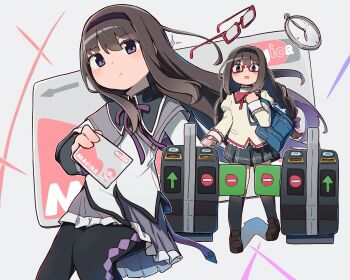  2girls akemi_homura akemi_homura_(magical_girl) argyle_clothes argyle_pantyhose bag black_hair black_hairband black_pantyhose black_skirt black_socks blue_bag bow bowtie braid clock commentary dual_persona frilled_skirt frills hairband highres holding kashi_neko kneehighs loafers long_hair looking_at_viewer magical_girl mahou_shoujo_madoka_magica mahou_shoujo_madoka_magica_(anime) mitakihara_school_uniform multiple_girls no_entry_sign open_mouth pantyhose puffy_sleeves purple_eyes purple_skirt red-framed_eyewear red_bow red_bowtie road_sign school_uniform semi-rimless_eyewear shoes shoulder_bag sign skirt socks turnstile twin_braids under-rim_eyewear unworn_eyewear 