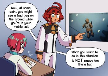  1boy 2girls :o ahoge amate_yuzuriha asticassia_school_uniform color_connection eggtempest english_text gundam gundam_aerial_slap_(meme) gundam_gquuuuuux gundam_suisei_no_majo hair_color_connection hairband holding holding_pencil in-franchise_crossover left-handed long_hair long_sleeves meme multiple_girls open_mouth pencil pointing red_hair school_uniform shoulder_boards sound_effects speech_bubble suletta_mercury thick_eyebrows trait_connection writing 