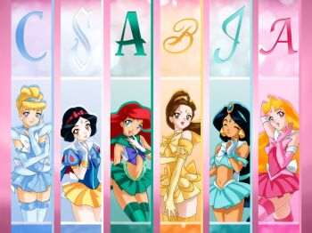  6+girls adapted_costume aladdin_(movie) ariel_(disney) aurora_(disney) beauty_and_the_beast_(disney) belle_(disney) bishoujo_senshi_sailor_moon black_hair blonde_hair blue_eyes blush brown_eyes brown_hair cinderella_(disney_character) cosplay dark-skinned_female dark_skin disney drachea_rannak gloves jasmine_(disney) lipstick long_hair makeup multiple_girls navel open_mouth parody purple_eyes red_hair skirt sleeping_beauty_(disney) smile snow_white_(disney) snow_white_(fairy_tale) snow_white_and_the_seven_dwarfs_(disney) style_parody the_little_mermaid_(disney) thighhighs thighs tongue  rating:Sensitive score:64 user:mr.Faiz