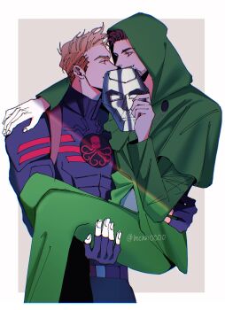  2boys artist_name avengers_(series) belt black_belt black_bodysuit black_gloves blonde_hair bodysuit border brown_hair cape captain_america carrying closed_mouth commentary doctor_doom facial_hair fingerless_gloves fingernails gloves green_cape green_pants green_shirt grey_background grey_mask half-closed_eyes hand_on_another's_shoulder hands_up highres holding holding_mask hood hooded_cape long_sleeves looking_at_another male_focus marvel mask mcnn0000 multiple_boys octopus_print outside_border pants pink_eyes princess_carry red_eyes shirt short_hair simple_background smile steve_rogers symbol-only_commentary tony_stark white_border yaoi 
