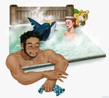  2boys archie_(pokemon) black_hair bordi0611 brown_hair closed_eyes gen_3_pokemon highres maxie_(pokemon) multiple_boys nintendo numel onsen pokemon pokemon_(creature) pokemon_rse sharpedo short_hair steam water 