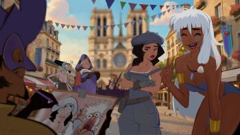  3boys 3girls armlet atlantis:_the_lost_empire audrey_ramirez bare_shoulders belt_pouch bikini black_dress black_gloves black_hair black_hat blue_bikini blue_hat blue_overalls breasts camisole caricature claude_frollo_(disney) cleavage clopin closed_eyes coat commentary cow crossed_arms dark-skinned_female dark_skin dress earrings english_commentary european_architecture eye_mask facial_hair facial_mark festival gloves goatee gold_armlet gold_bracer grey_gloves hair_between_eyes hair_over_shoulder hair_tie hand_on_own_hip hat highres holding holding_pen jewelry kidagakash long_eyelashes mask medium_breasts medium_hair multiple_boys multiple_girls necklace newsboy_cap notre_dame_de_paris open_mouth overalls parted_bangs pen pennant philtomato pouch purple_coat purple_mask quasimodo_(disney) red_lips sagging_breasts smile swimsuit the_emperor's_new_groove the_hunchback_of_notre_dame_(disney) v white_camisole white_hair yzma 