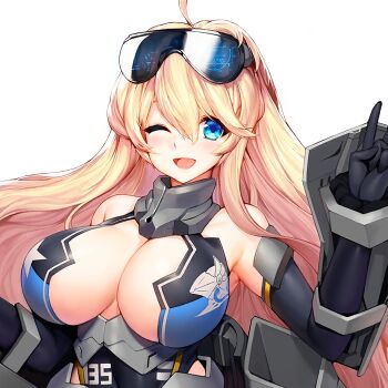  1girl ahoge arm_up armpit_peek bare_shoulders black_gloves blonde_hair blue_eyes blush breasts breasts_apart cleavage cleavage_cutout clothing_cutout elbow_gloves eyebrows_hidden_by_hair female_focus game_cg gloves goggles goggles_on_head hair_between_eyes harpyia_(last_origin) high_collar huge_breasts last_origin leotard long_hair looking_at_viewer official_art one_eye_closed open_mouth revealing_clothes skindentation sleeveless smile snowball22 transparent_background upper_body v wink 