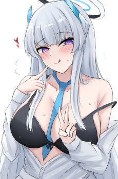  1girl ;q absurdres bare_shoulders between_breasts black_bra blue_archive blue_halo blue_necktie blush bra breasts cleavage closed_mouth collarbone commentary eyebrows_hidden_by_hair eyelashes finger_to_face halo heart highres long_hair long_sleeves looking_at_viewer multicolored_halo namikare necktie necktie_between_breasts noa_(blue_archive) off_shoulder one_eye_closed purple_eyes raised_eyebrows shirt sidelocks simple_background smile solo steaming_body strap_slip sweat tongue tongue_out tongue_up two-tone_halo underwear upper_body v very_sweaty white_background white_halo white_shirt 