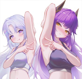  2girls :t absurdres arm_between_breasts arm_up armpits ayatsuno_yuni between_breasts black_sports_bra blush breasts choppy_bangs closed_mouth commentary curtained_hair embarrassed grey_hair grey_sports_bra hand_up highres hyin large_breasts long_hair looking_at_viewer multiple_girls no_shirt nose_blush pout presenting_armpit purple_eyes purple_hair raised_inner_eyebrows sakihane_huya seductive_smile simple_background smile sports_bra spread_armpit star-shaped_pupils star_(symbol) stellive symbol-only_commentary symbol-shaped_pupils upper_body virtual_youtuber white_background yellow_eyes 