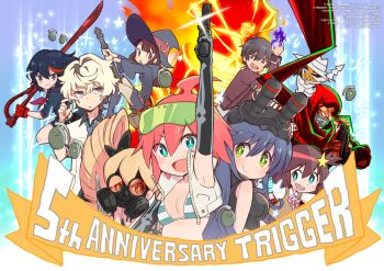  10s 5boys 6+girls agata_katsuhira andou_jurai anniversary bikini bikini_top_only company_connection crossover frag_(trigger) fujikido_kenji gas_mask goggles hat inferno_cop inferno_cop_(character) inou-battle_wa_nichijou-kei_no_naka_de kagari_atsuko kill_la_kill kiznaiver little_witch_academia luluco machspeed_(character) mago mask matoi_ryuuko multiple_boys multiple_crossover multiple_girls muzzle_(trigger) ninja ninja_slayer official_art scissor_blade_(kill_la_kill) sex_&amp;_violence_with_machspeed sex_and_violence_with_machspeed spring_(trigger) swimsuit trigger-chan trigger_(company) twintails uchuu_patrol_luluco voice_actor_connection witch_hat 