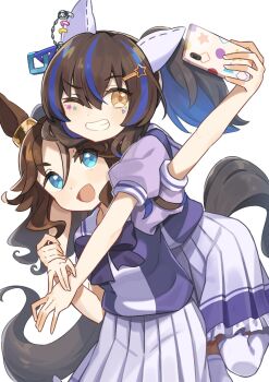  2girls animal_ears black_hair blue_eyes blue_hair bow breasts brown_hair cellphone commentary_request daitaku_helios_(umamusume) ear_covers grin hair_between_eyes hair_ornament highres holding holding_phone horse_ears horse_girl horse_tail long_hair mejiro_palmer_(umamusume) multicolored_hair multiple_girls phone pleated_skirt ponytail purple_bow sailor_collar school_uniform selfie serafuku short_sleeves simple_background skirt smartphone smile star_(symbol) star_hair_ornament tail taru_haru thighhighs tracen_school_uniform umamusume white_background white_thighhighs yellow_eyes 