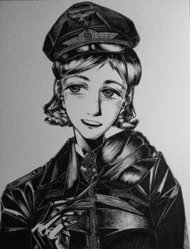  1girl bordfunker133 bubi_hartmann cross erich_hartmann flower genderswap genderswap_(mtf) gloves greyscale hat highres holding holding_flower iron_cross jacket leather leather_gloves leather_jacket looking_to_the_side looking_up military military_hat military_uniform monochrome nazi open_mouth photo_(medium) real_life reichsadler rose short_hair simple_background smile solo swastika teeth upper_body upper_teeth_only world_war_ii 