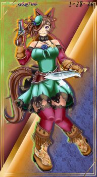  1girl absurdres bare_shoulders blue_flower blue_rose boots breasts brown_boots brown_gloves brown_hair cowboy_boots cowboy_hat dragon_ball dress earrings flower fusion gloves gun handgun hat heterochromia highres holding holding_gun holding_knife holding_weapon horse_girl horse_tail jewelry knife large_breasts looking_at_viewer potara_earrings revolver rice_shower_(umamusume) rose self-upload sheriff_badge smile taiki_shuttle_(umamusume) tail thighhighs umamusume weapon wheelerfortune 