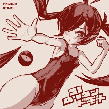  1girl ;o ahoge armpits backbeako_(torotei) backbeard blush breasts clenched_hand commentary cowboy_shot dated dated_commentary gegege_no_kitarou groin hair_over_one_eye hands_up highleg highleg_one-piece_swimsuit kono_lolicon_domome long_hair looking_at_viewer monochrome one-piece_swimsuit one_eye_closed open_mouth original outstretched_arm outstretched_hand paid_reward_available pear-shaped_figure pointy_ears red_theme simple_background small_breasts solo standing swimsuit torotei translated twintails variant_set watermark web_address white_background 