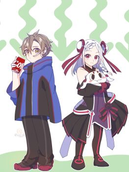  1boy 1girl 1other aged_down ain-chan arrow_(symbol) artist_logo artist_name augma bare_shoulders black_boots black_dress black_jacket black_pants black_sleeves blue_jacket boots braid brown_eyes brown_hair can cola commentary_request creature detached_sleeves dress eiji_(sao) green_background highres holding holding_can holding_creature jacket logo long_hair looking_at_viewer messy_hair multicolored_jacket neosight outline oversized_clothes pants purple_dress red_boots red_eyes red_trim short_hair signature sword_art_online sword_art_online_the_movie:_ordinal_scale thigh_boots twitter_username two-tone_background two-tone_dress two-tone_jacket white_background white_hair white_outline yuna_(sao) 