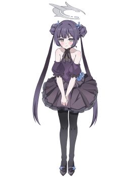  1girl absurdres amanotti_01 bare_shoulders black_dress black_hair black_pantyhose black_ribbon black_shoes black_sleeves blue_archive blue_flower blue_rose blush braid bun_with_braided_base circle_skirt closed_mouth cocktail_dress detached_sleeves dot_nose double_bun dress dress_flower flat_chest flower flower_knot footwear_ornament formal_clothes frilled_sleeves frills full_body grey_eyes grey_halo hair_bun hair_ornament halo halter_dress halterneck highres kisaki_(blue_archive) kisaki_(dress)_(blue_archive) layered_dress lone_nape_hair long_hair looking_at_viewer neck_ribbon own_hands_together pantyhose petticoat puffy_detached_sleeves puffy_sleeves pursed_lips ribbon rose shoes short_dress sidelocks simple_background slouching solo standing twintails very_long_hair white_background 