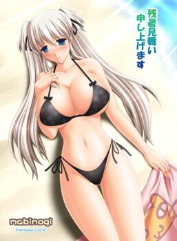  1girl bikini blue_eyes breasts female_focus huge_breasts kafu_(logaemon) long_hair mabinogi nao_(mabinogi) solo swimsuit towel white_hair  rating:Questionable score:34 user:Muyalpedo2010