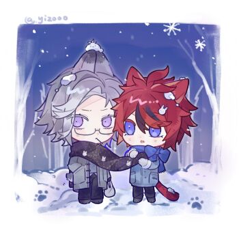  2boys ahoge animal_ears aotsuki_eito artist_name bare_tree black_hair black_pants black_scarf black_shoes blue_eyes blue_scarf border bow cat_boy cat_ears cat_tail chibi chibi_only coat colored_eyelashes commentary eyes_visible_through_hair grey_coat grey_hair grey_shirt hair_between_eyes hair_ornament hand_in_pocket highres kemonomimi_mode long_sleeves male_focus multicolored_hair multiple_boys night open_clothes open_coat open_mouth outdoors pants paw_print purple_eyes rabbit_boy rabbit_ears rabbit_hair_ornament rabbit_tail red_hair scarf scarf_bow shirt shoes short_hair sky snow snowing streaked_hair sumino_takumi symbol-only_commentary tail the_hundred_line_-last_defense_academy- tree two-tone_hair white_border yizooo 