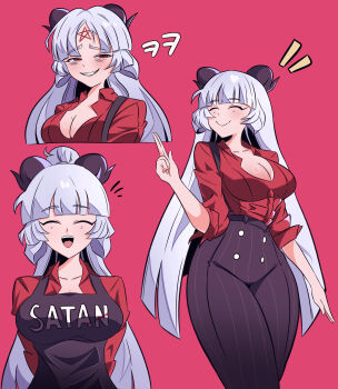  1girl absurdres animal_ears apron baphomet_(grizz) black_apron black_horns black_tailcoat breasts cleavage collared_shirt commentary_request demon_girl demon_horns duplicate english_text goat_girl goat_horns helltaker highres horizontal_pupils horns inverted_pentagram korean_commentary large_breasts long_hair pants pixel-perfect_duplicate red_eyes red_shirt shirt smile thisandthat2328 white_hair 