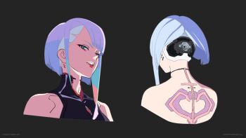  1girl asymmetrical_bangs asymmetrical_hair back_tattoo black_background black_leotard concept_art cyberpunk:_edgerunners cyberpunk_(series) cyborg eyeliner from_behind leotard lucy_(cyberpunk) makeup multicolored_hair multicolored_leotard multiple_views official_art orange_hair parted_lips pink_hair rainbow_hair red_eyeliner red_leotard short_hair_with_long_locks simple_background subdermal_port tattoo topless_female two-tone_leotard upper_body yoshinari_you 