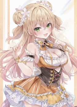  1girl blonde_hair blush bow bowtie breasts brown_corset cleavage_cutout clothing_cutout commentary_request corset cowboy_shot crossed_bangs cutout_above_navel double-parted_bangs double_bun fang flower frilled_shirt frills green_eyes hair_between_eyes hair_bun hair_flower hair_ornament hands_up highres hololive large_breasts long_hair looking_at_viewer maruro miniskirt momosuzu_nene momosuzu_nene_(1st_costume) multicolored_bow multicolored_bowtie nail_polish open_mouth orange_nails orange_shirt orange_skirt petticoat pointing pointing_at_self shirt skirt sleeveless sleeveless_shirt smile solo standing very_long_hair virtual_youtuber white_flower 