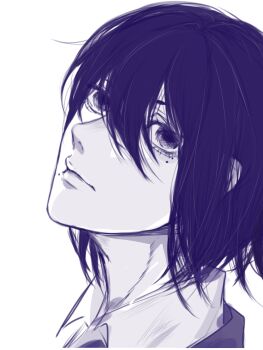  1girl collared_shirt fire_punch from_side hair_between_eyes head_back highres jiuwen_siming looking_at_viewer looking_to_the_side mole mole_under_eye mole_under_mouth monochrome multiple_moles portrait shirt short_hair sideways_glance simple_background solo togata_(fire_punch) 