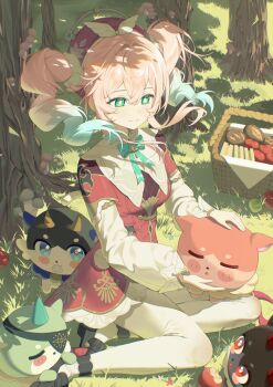  1girl anaxa_(honkai:_star_rail) anaxa_(nanus)_(honkai:_star_rail) apple aqua_bow aqua_bowtie aqua_hair black_shoes bow bowtie bread breasts bright_pupils chimera_(honkai:_star_rail) chyanu cipher_(honkai:_star_rail) cipher_(master_cat-thief)_(honkai:_star_rail) closed_mouth commentary creature_on_lap day dress drill_hair english_commentary floating_hair food fruit full_body gradient_hair grass green_eyes hair_ornament hair_scrunchie hat highres honkai:_star_rail honkai_(series) hyacine_(honkai:_star_rail) long_sleeves medium_breasts multicolored_hair on_grass outdoors pantyhose picnic_basket pink_hair red_dress red_hat sandwich scrunchie shoes sitting smile solo sunlight tree twin_drills white_pantyhose white_scrunchie yokozuwari 