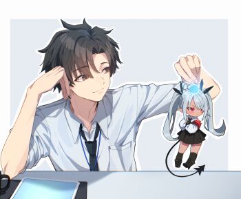  1boy 1girl armband black_hair black_necktie black_skirt black_tail blue_archive blush chibi closed_mouth crossed_arms dark-skinned_female dark_skin demon_tail gameplay_mechanics grey_hair hair_over_one_eye halo highres holding iori_(blue_archive) kamiyama_sumu lifting_person long_hair long_sleeves looking_at_another looking_to_the_side necktie pointy_ears red_eyes sensei_(blue_archive) sensei_(blue_archive_the_animation) shirt simple_background size_difference skirt standing tail twintails white_shirt  rating:General score:7 user:danbooru