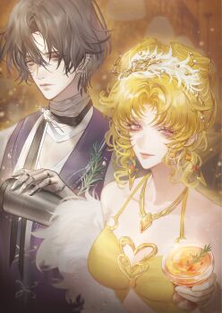  1boy 1girl absurdres bartender black_hair blonde_hair cassian_(path_to_nowhere) commentary_request dress feather_boa gloves highres juya953505 korean_commentary light_smile looking_at_viewer milly_(path_to_nowhere) path_to_nowhere white_gloves yellow_dress 