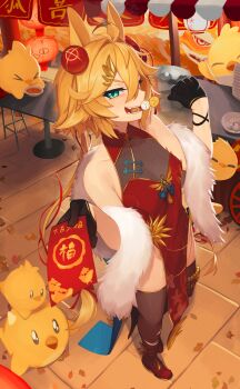  1girl absurdres alternate_costume aqua_eyes black_gloves black_thighhighs blonde_hair china_dress chinese_clothes chinese_new_year commentary dokibird dragoon_(dokibird) dress eating english_commentary fang food from_above full_body fur_trim gloves highres indie_virtual_youtuber pelvic_curtain red_dress shoes smile solo standing thighhighs virtual_youtuber yoako 