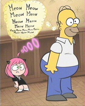  1boy 1girl ahoge anya_(spy_x_family) child colored_skin crossover english_text green_eyes hairpods highres homer_simpson lolwutburger mind_reading pink_hair speech_bubble spy_x_family the_simpsons thought_bubble toon_(style) vhs_artifacts wooden_floor yellow_skin 