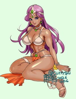  1girl armor bikini bikini_armor breasts circlet cleavage commentary dancer's_costume_(dq) dark-skinned_female dark_skin dragon_quest dragon_quest_iv earrings forehead_jewel gem green_gem jewelry large_breasts long_hair manya_(dq4) metal_bikini pelvic_curtain purple_eyes purple_hair solo swimsuit tokisige triangle_bikini_top 