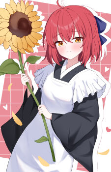  1girl absurdres adachi_(ttriwk) ahoge apron black_kimono blue_bow blush bow closed_mouth commentary drop_shadow flower grid_background hair_bow heart highres holding holding_flower japanese_clothes kimono kohaku_(tsukihime) looking_at_viewer maid maid_apron orange_eyes red_background red_hair short_hair smile solo sunflower tsukihime two-tone_background upper_body wa_maid white_apron white_background wide_sleeves 