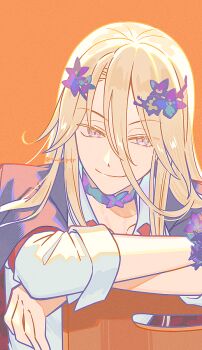  1boy amatsuka_(fate) arm_rest black_jacket blonde_hair blue_eyes bracelet chair choker closed_mouth collared_shirt commentary fate/grand_order fate_(series) flower_hairpin hair_between_eyes hair_ornament hairpin jacket jacket_on_shoulders jewelry long_hair long_hair_between_eyes looking_at_viewer male_focus orange_background pseudo-tokyo_school_uniform purple_choker puteru school_uniform shirt simple_background sitting sitting_backwards sleeves_rolled_up smile solo twitter_username upper_body white_shirt wolfgang_amadeus_mozart_(fate) 