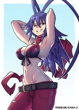  1girl antenna_hair armpits arms_behind_head belt bikini bikini_top_only black_belt blue_hair breasts commentary demon_girl disgaea disgaea_d2 english_commentary flame_print front-tie_bikini_top front-tie_top genderswap genderswap_(mtf) grin hair_between_eyes hip_bones huge_antenna_hair kawa-v laharl-chan large_breasts long_hair looking_at_viewer lowleg lowleg_pants navel pants red_eyes red_pants red_scarf scarf smile solo studded_belt swimsuit tight_clothes tight_pants torn_clothes torn_pants v-shaped_eyebrows very_long_hair 