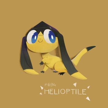  animal_focus ashionglee blue_eyes bright_pupils character_name closed_mouth commentary english_commentary full_body gen_6_pokemon helioptile nintendo no_humans nostrils pokedex_number pokemon pokemon_(creature) pokemon_focus simple_background smile solo white_pupils yellow_background 