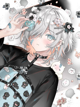  1girl bandaid black_cat black_nails black_shirt blue_eyes blush cat chibi choker colored_eyelashes earrings flower grey_hair hair_ornament hair_over_one_eye heart highres jewelry melting midori_foo multicolored_hair nail_polish orange_hair original print_shirt shirt short_hair t-shirt teardrop thick_eyelashes transparent watermark white_cat  rating:General score:5 user:shallim