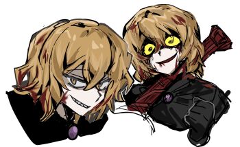  1boy @_@ black_gloves blood blood_in_hair blood_on_face brooch clenched_hand colored_sclera commentary_request crazy_eyes crazy_smile cropped_torso crossed_bangs e.g.o_(project_moon) gem gloves grin hair_between_eyes harmony_(e.g.o) highres instrument jewelry limbus_company looking_at_viewer multiple_views odamarinasai parted_lips project_moon purple_gem sharp_teeth short_hair sinclair_(project_moon) sketch smile teeth tsurime white_background yellow_eyes yellow_sclera 
