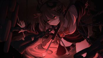  1girl absurdres black_cardigan black_horns black_skirt black_thighhighs bow bowtie broken_heart broken_heart_hair_ornament brown_hair cardigan chain chained commentary english_commentary evil_neuro-sama from_side full_body grin hair_between_eyes heart highres horns long_hair long_sleeves miniskirt nail_polish neuro-sama no_shoes off-shoulder_cardigan red_bow red_bowtie red_eyes red_nails ruciel sharp_teeth shirt skirt slit_pupils smile solo teeth thighhighs two_side_up vedal_ai virtual_youtuber white_shirt 