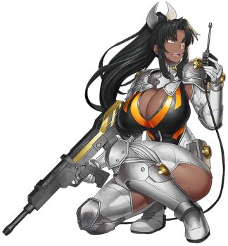  1girl armor armored_boots ass black_leotard boots breasts dark-skinned_female dark_skin full_body high_ponytail highleg highleg_leotard holding holding_walkie-talkie holding_weapon kneeling large_breasts leotard lilith-soft long_hair looking_ahead mirabell_bell non-web_source obui ponytail revealing_clothes shiny_skin squatting taimanin_(series) taimanin_rpgx thong_leotard transparent_background walkie-talkie weapon wide_hips 