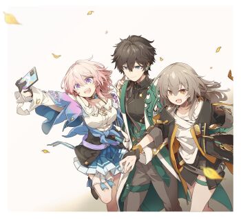  1boy 2girls :d black_hair bn790ta breasts choker commentary_request dan_heng_(honkai:_star_rail) dan_heng_(hunt)_(honkai:_star_rail) gloves green_eyes grey_hair highres holding_hands honkai:_star_rail honkai_(series) jacket march_7th_(honkai:_star_rail) march_7th_(preservation)_(honkai:_star_rail) medium_breasts multicolored_eyes multiple_girls off_shoulder open_mouth overskirt pants phone pink_hair shirt short_hair simple_background skirt smile stelle_(honkai:_star_rail) thigh_strap trailblazer_(honkai:_star_rail) turtleneck two-tone_eyes yellow_eyes 