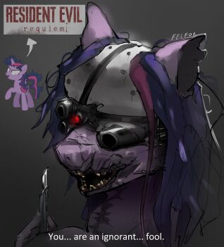  1girl animal_ears arrow_(symbol) artist_name colored_skin commentary corruption crossover english_commentary english_text evil_smile felfoxart furry fusion glowing glowing_eye goggles golden_tooth grey_background helmet highres holding holding_scalpel horror_(theme) knife long_hair mask messy_hair multicolored_hair my_little_pony my_little_pony:_friendship_is_magic no_humans one-eyed open_mouth photo_inset purple_fur purple_hair purple_skin red_eyes resident_evil resident_evil_requiem scalpel scar sharp_teeth simple_background smile solo streaked_hair teeth twilight_sparkle victor_gideon visor_(armor) zombie 