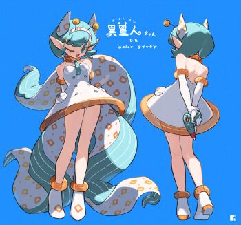  1girl ;d absurdres alien antennae aqua_eyes aqua_hair backless_dress backless_outfit bare_shoulders blue_background commentary_request dress elbow_gloves energy_gun english_text full_body gloves gun highres holding holding_gun holding_weapon mixed-language_text multiple_views one_eye_closed open_mouth original panties pointy_ears ray_gun shoes simple_background smile tentacles translation_request underwear weapon white_dress white_gloves white_panties white_shoes zizi_niisan 