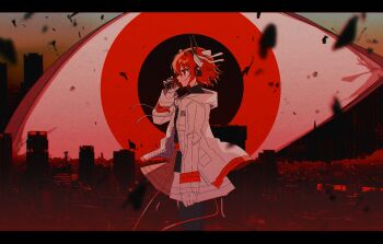  1girl absurdres adachi_rei black_pantyhose black_shirt bow building commentary_request danjou_sora from_side gloves hair_bow hair_intakes hand_up highres holding hood hood_down hooded_jacket jacket letterboxed long_sleeves netsu_ijou_(utau) outdoors pantyhose profile red_eyes red_hair shirt skirt sky skyscraper sleeves_past_wrists solo sunset two_side_up utau white_bow white_gloves white_jacket white_skirt 